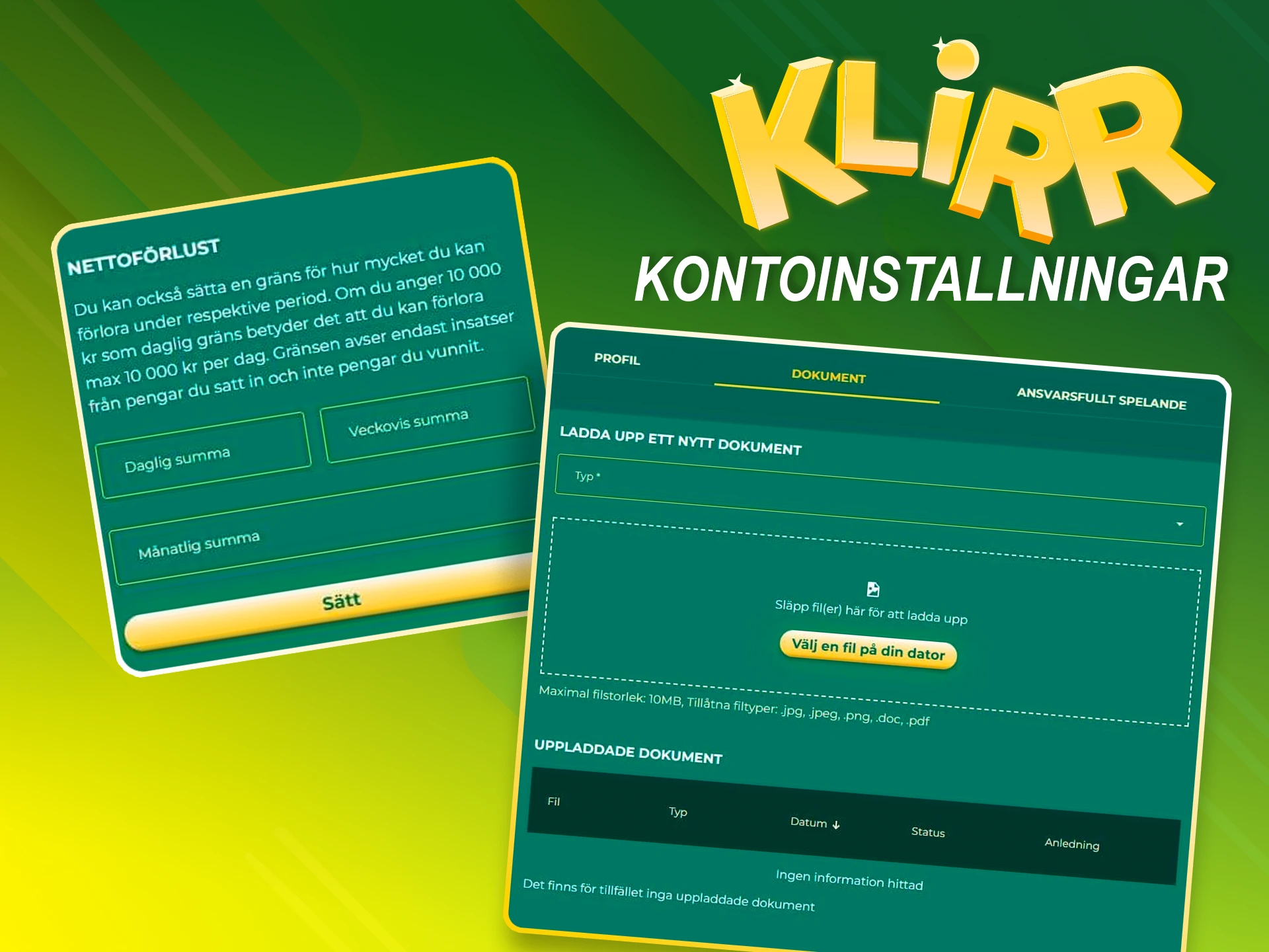 Använd inställningarna för att redigera ditt konto i Klirr.