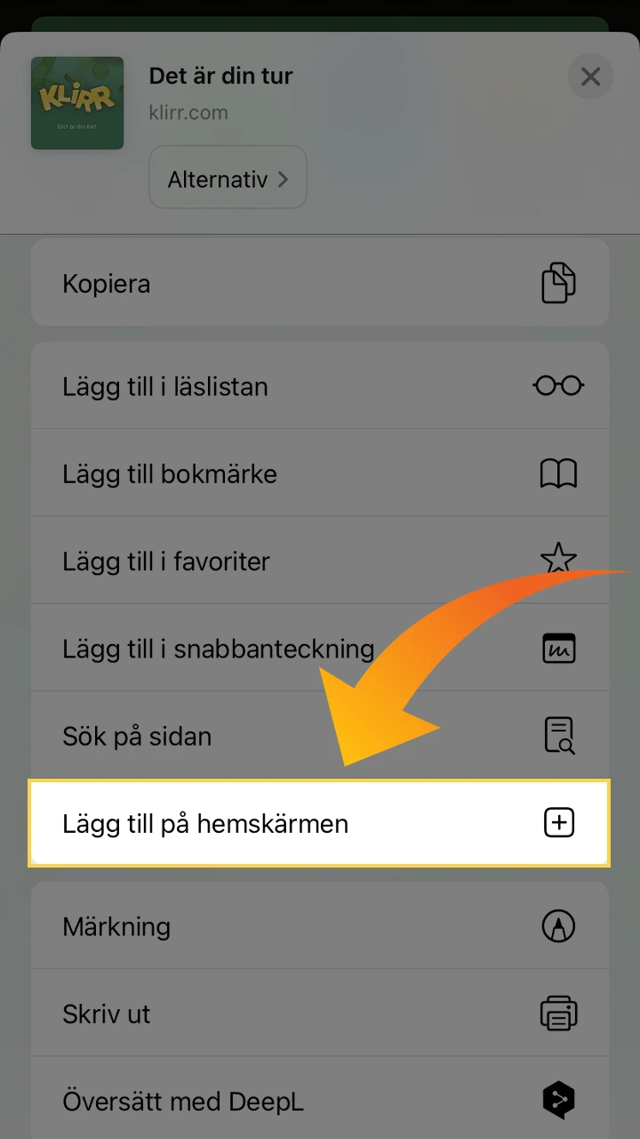 Dela Klirr-appen på din smartphones startskärm.
