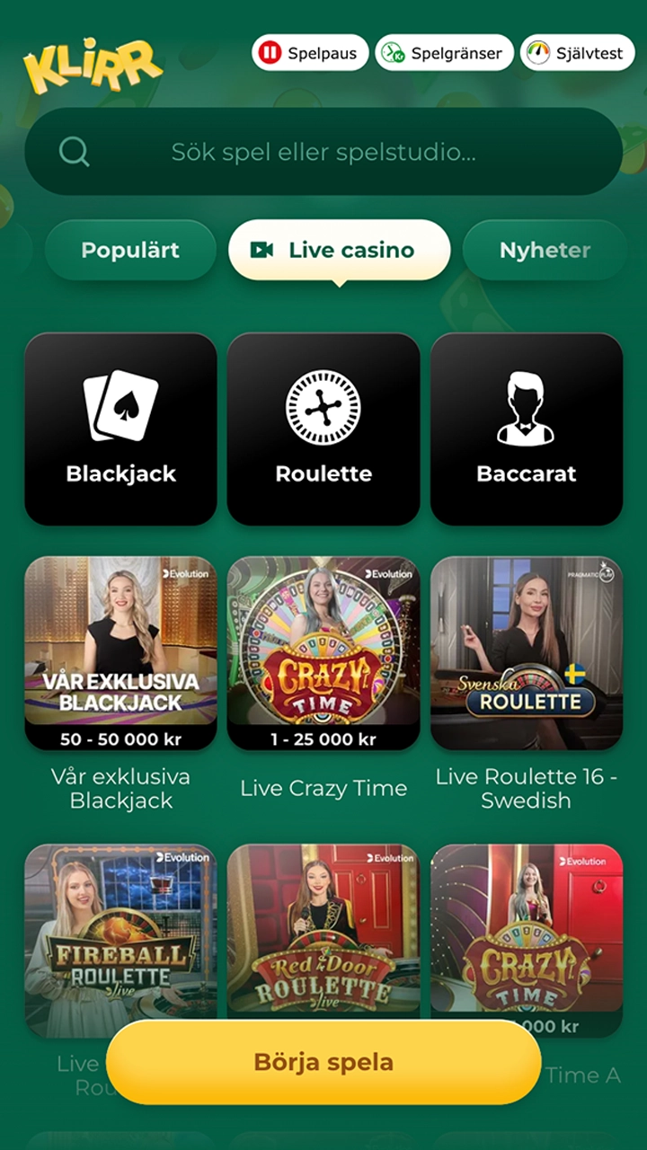 Spela med live dealers på Live Casino Klirr.