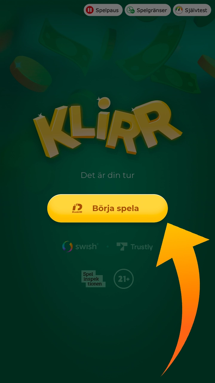 Skapa ett personligt konto för vadslagning i Klirr genom att klicka på knappen.