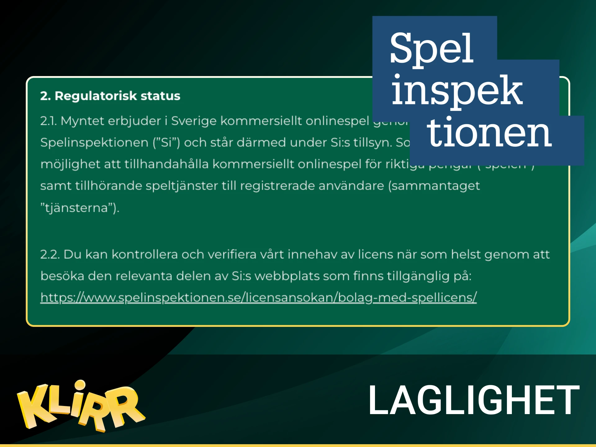 Laglighet och säkerhet i Sverige: Spelinspektionens licens, kryptering, integritet, Spelpaus, självtest och gränser.