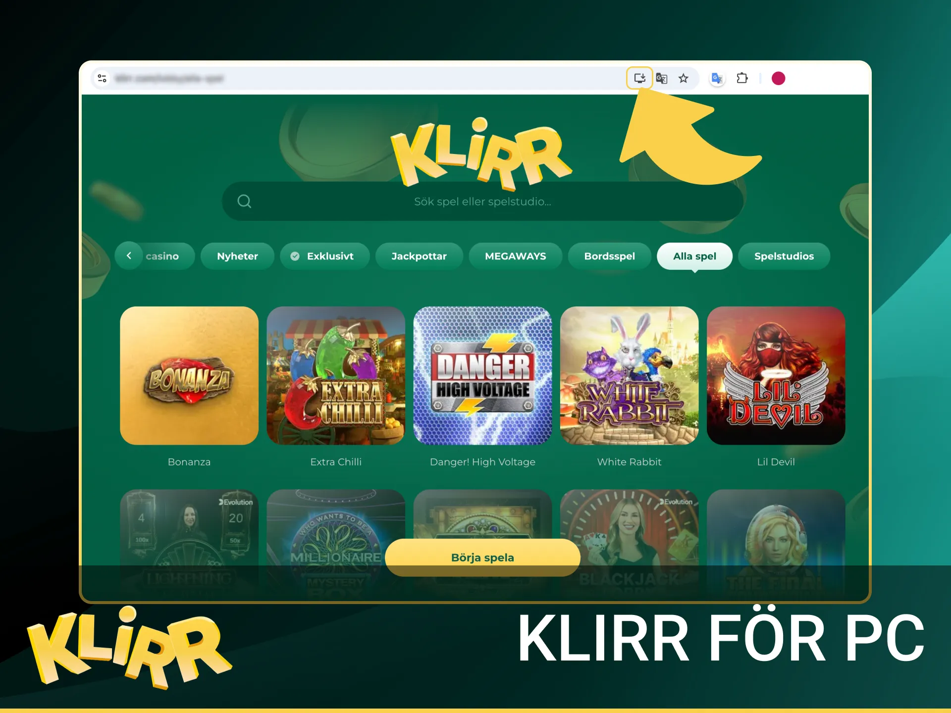 Klirr på PC i webbläsare: Chrome, Edge, Firefox, Safari. Logga in med BankID, insätt via Swish/Trustly, spela slots/bordsspel.