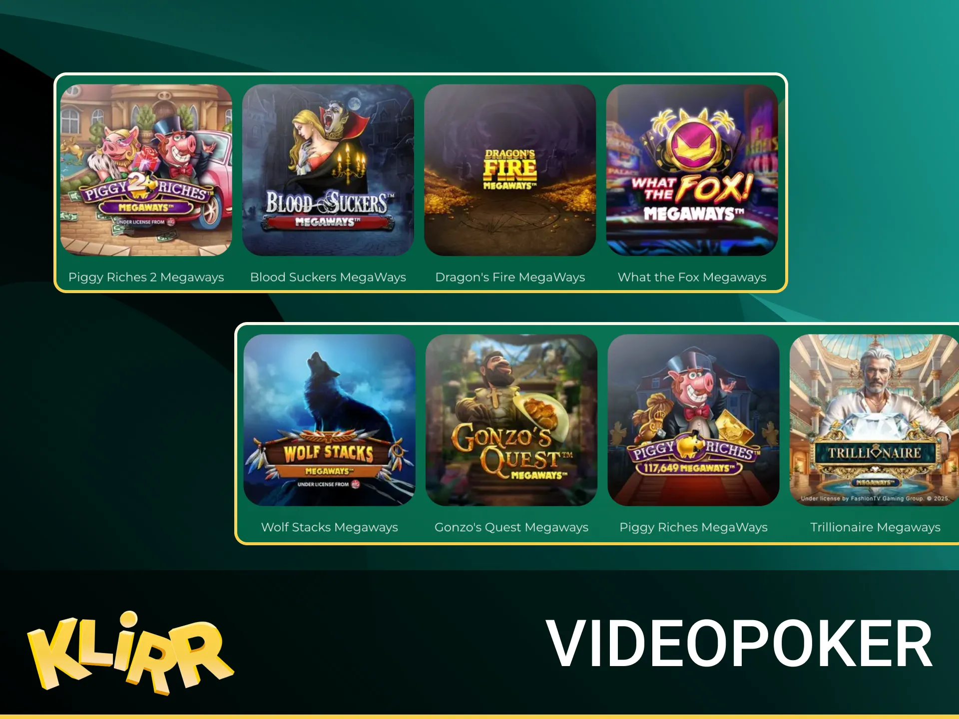 Öppna sektionen för videopokerspel på Klirr online casino och spela och vinn.