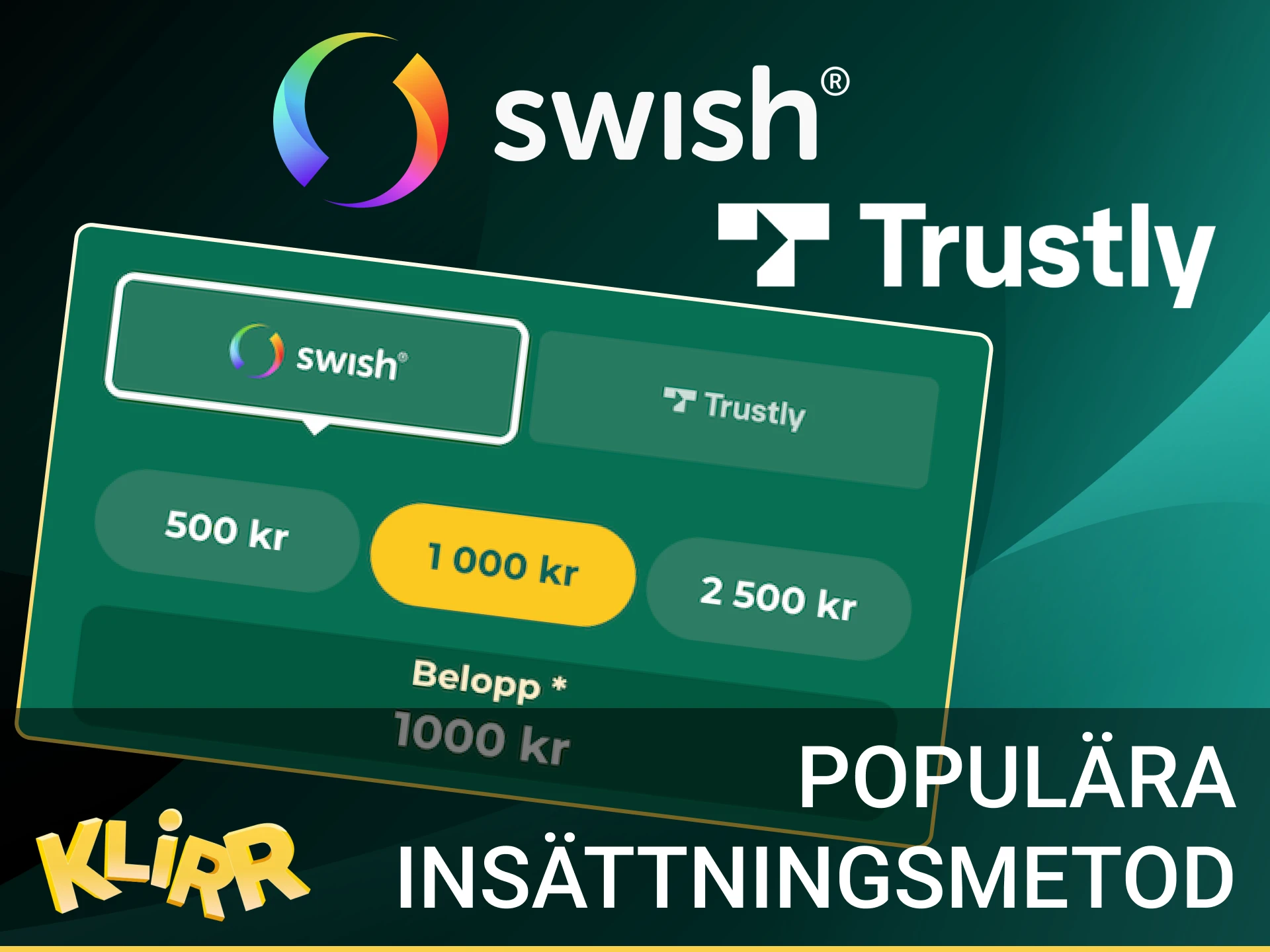 Översikt över populära svenska insättningsmetoder: Swish, Trustly (BankID) och Trustly Express för snabba betalningar.