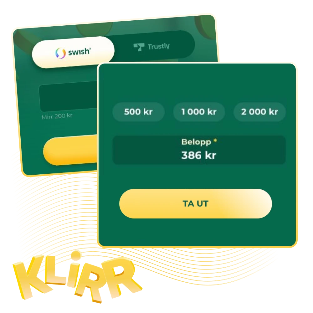 Överblick över insättning och uttag i Sverige: Swish, BankID, Trustly. Insättning 100–100 000 kr, uttag 200–250 000 kr.