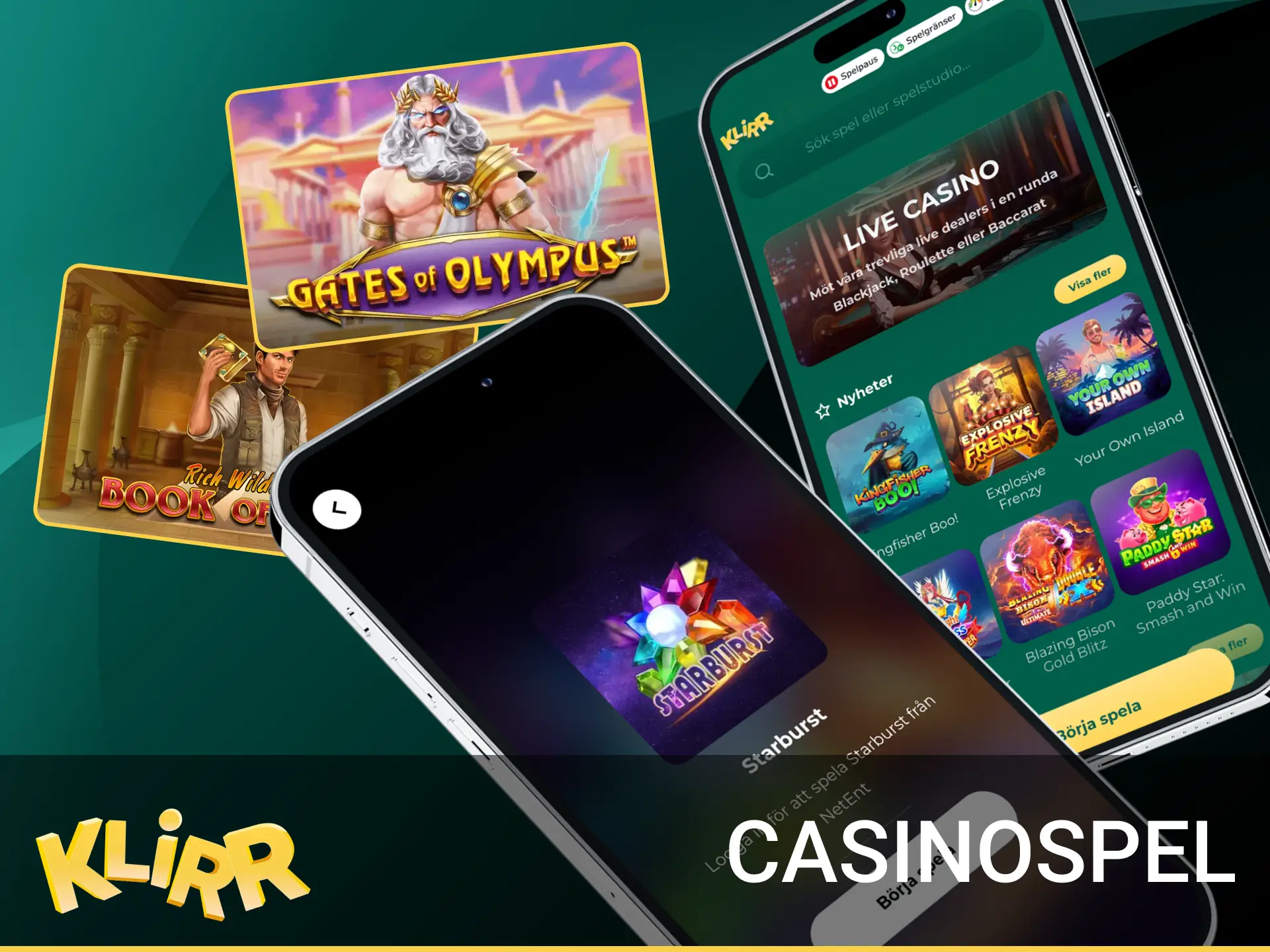 Klirr-appen visar mobilanpassade casinospel: slots som Book of Dead, Starburst och livebord som Lightning Roulette.