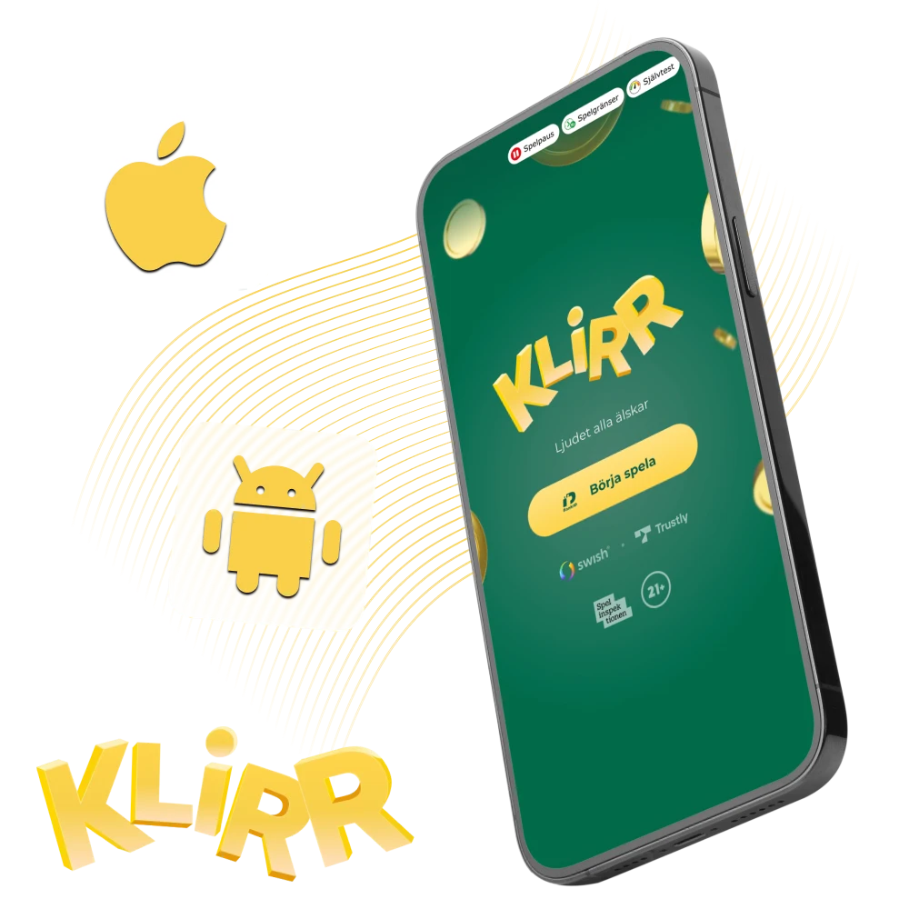 Telefon visar Klirr PWA med knappen Ladda ner för att lägga till på startsidan; spela utan APK.