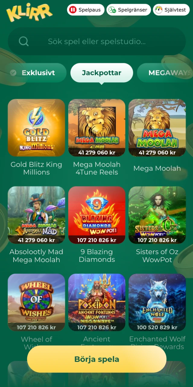 Välj jackpottspel på Klirr online casino, spela och vinn.