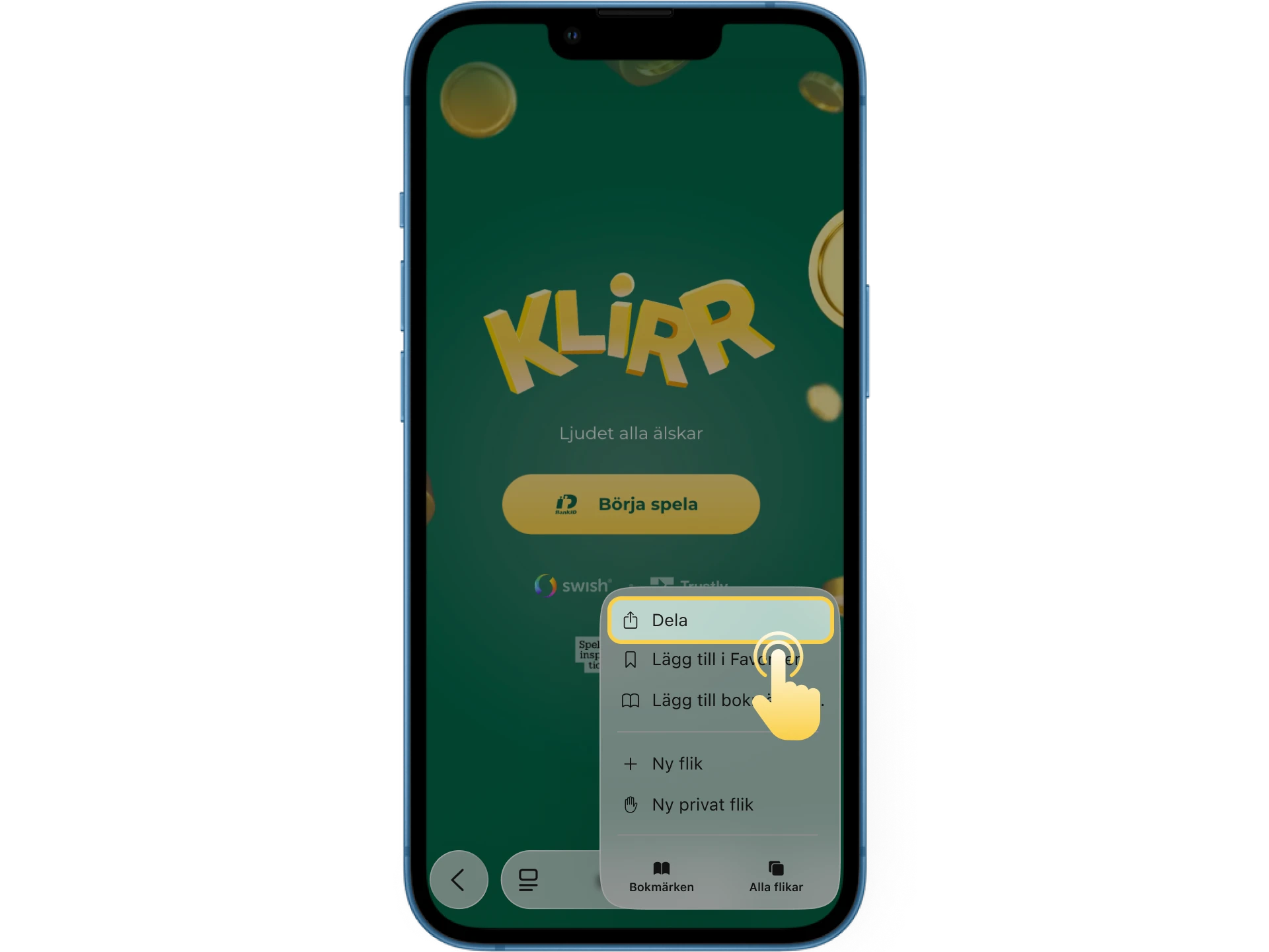 Du måste öppna Safari-menyn för att installera Klirr online casino-appen på din iOS-telefon.