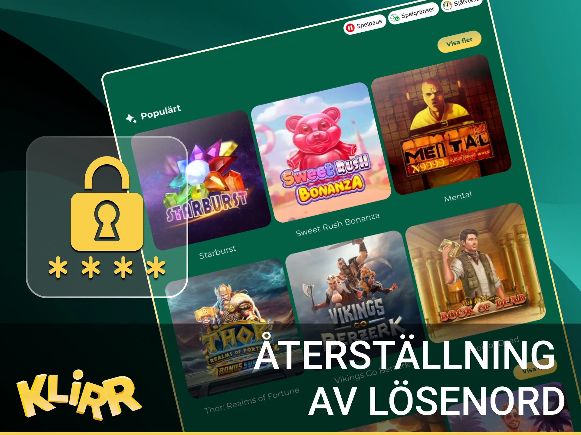Skärm med texten 'Återställning av lösenord' och steg: glömt lösenord, e‑postlänk, BankID, support.