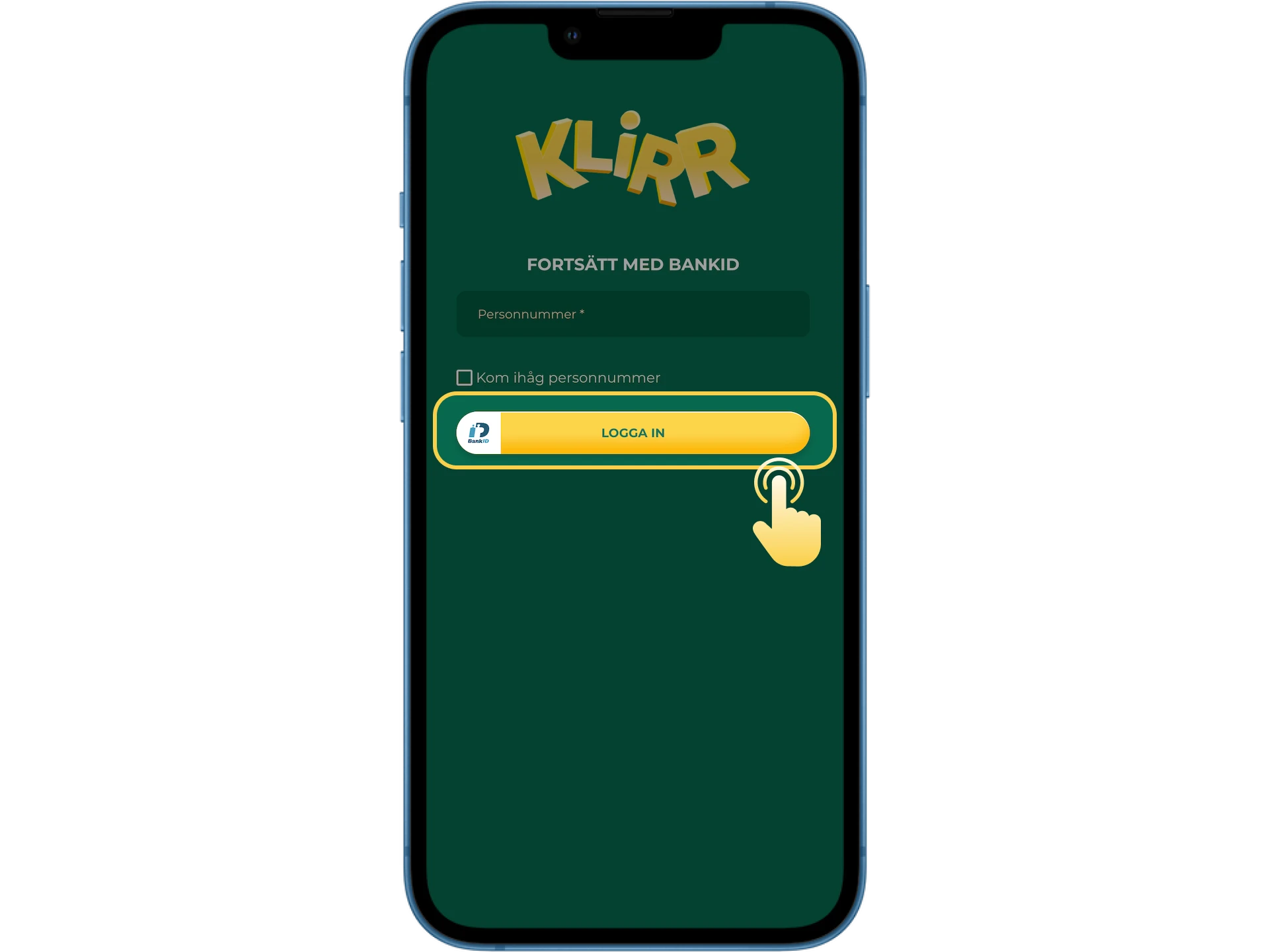 Ange dina inloggningsuppgifter för att logga in på Klirr online casino.