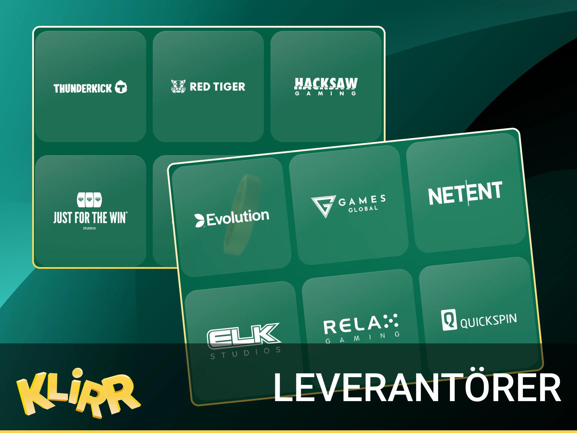 Översikt över 22 slotleverantörer på Klirr: NetEnt, Play’n GO, Pragmatic Play m.fl. Sortera efter studio i lobbyn.