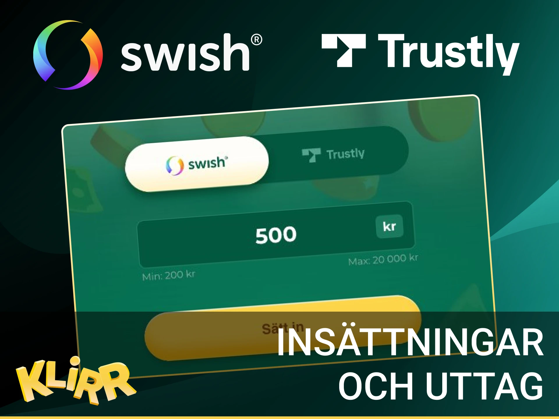 Ikoner för Swish, Trustly, BankID-verifiering, banköverföring, Visa och Mastercard för insättningar och uttag för slots.