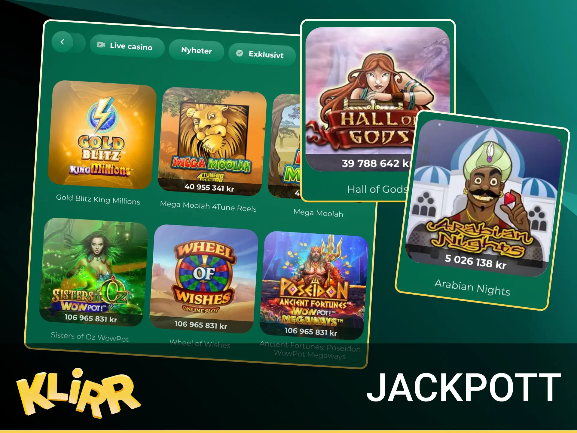 Vilka jackpottspel kan jag pröva lyckan på på Klirr online casino.