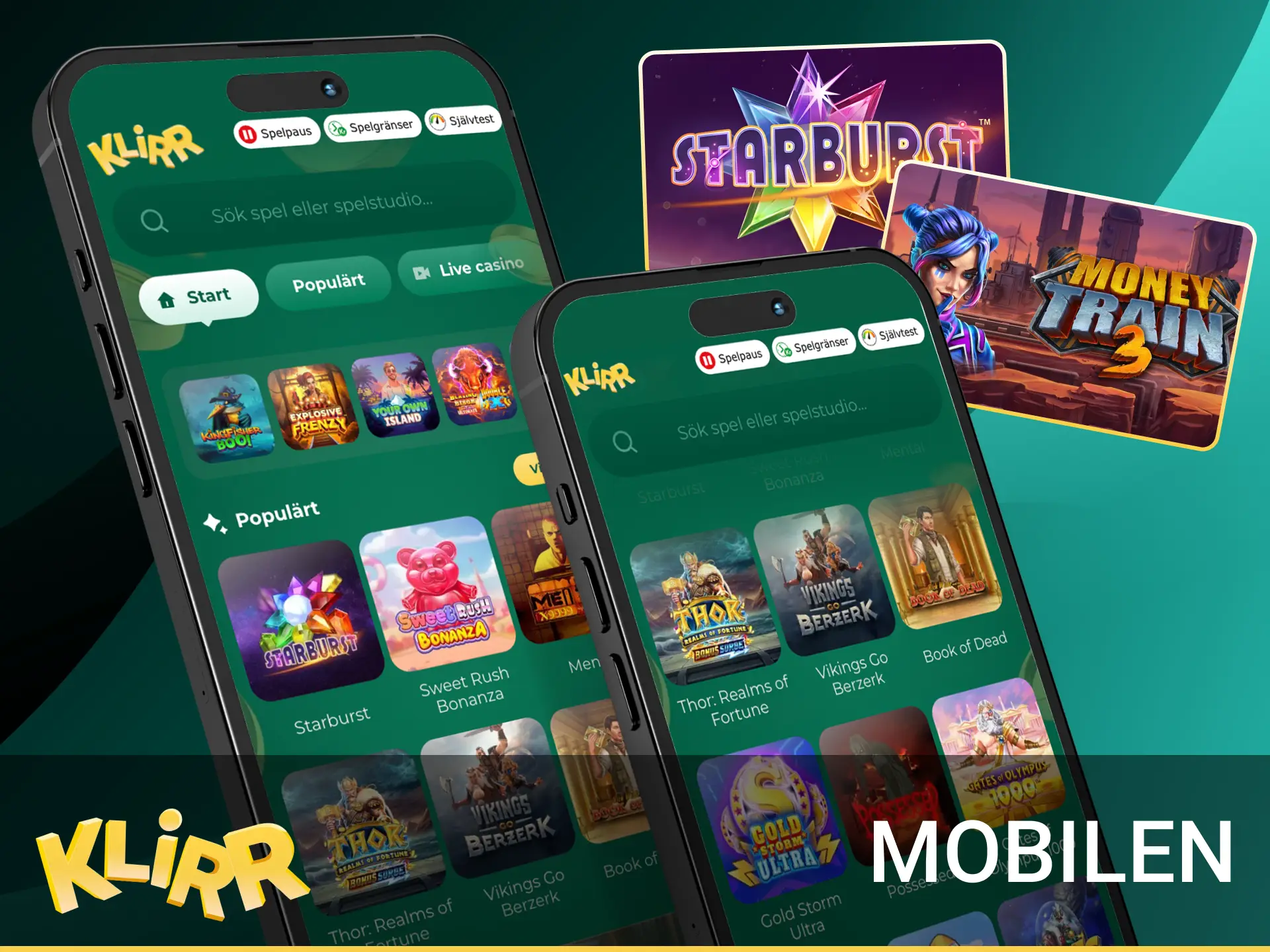 Mobilskärm med slots i PWA, tydliga knappar, bottmeny, BankID-inloggning och Lägg till på hemskärmen.